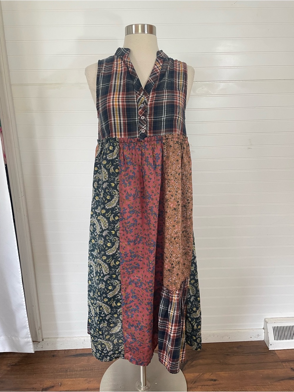 Natural Life Boho Western Patchwork Cotton Midi Dress Size XS